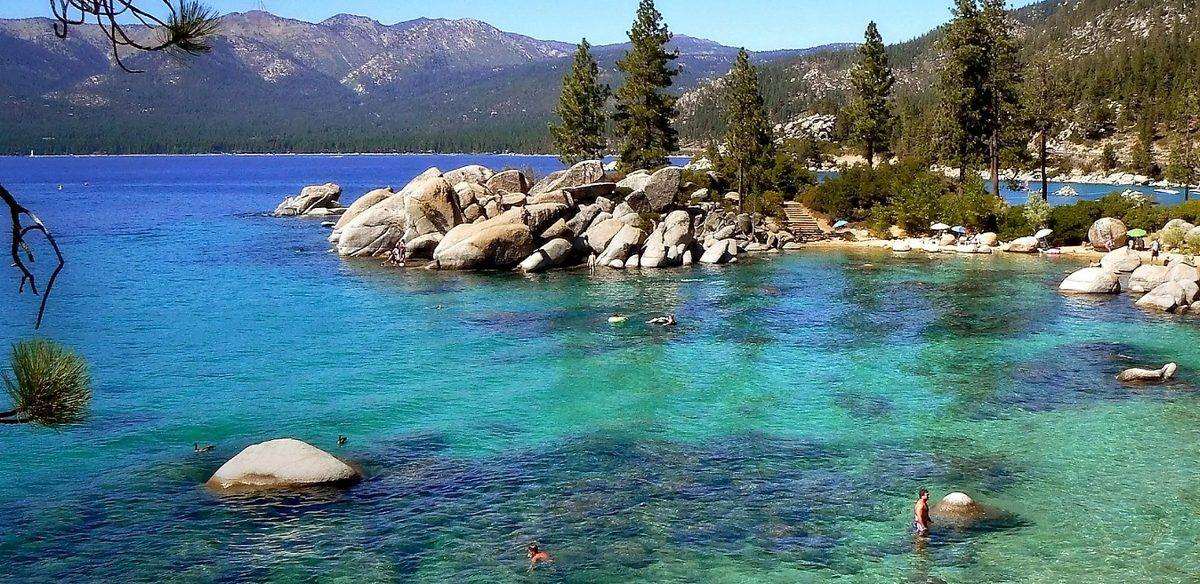 Crystal-clear water and granite boulders at Lake Tahoe's Sand Harbor
